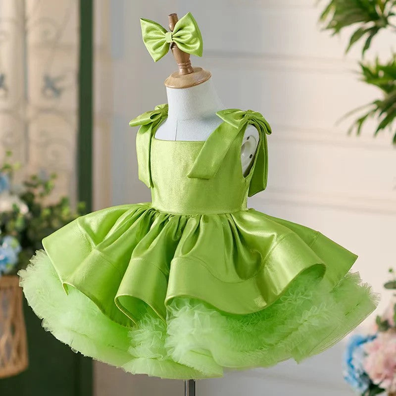 TinyTulle Satin Bow-Shoulder Sleeveless Tulle Knee-Length Flower Girl Tutu Dress