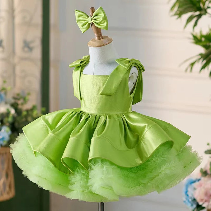 TinyTulle Satin Bow-Shoulder Sleeveless Tulle Knee-Length Flower Girl Tutu Dress