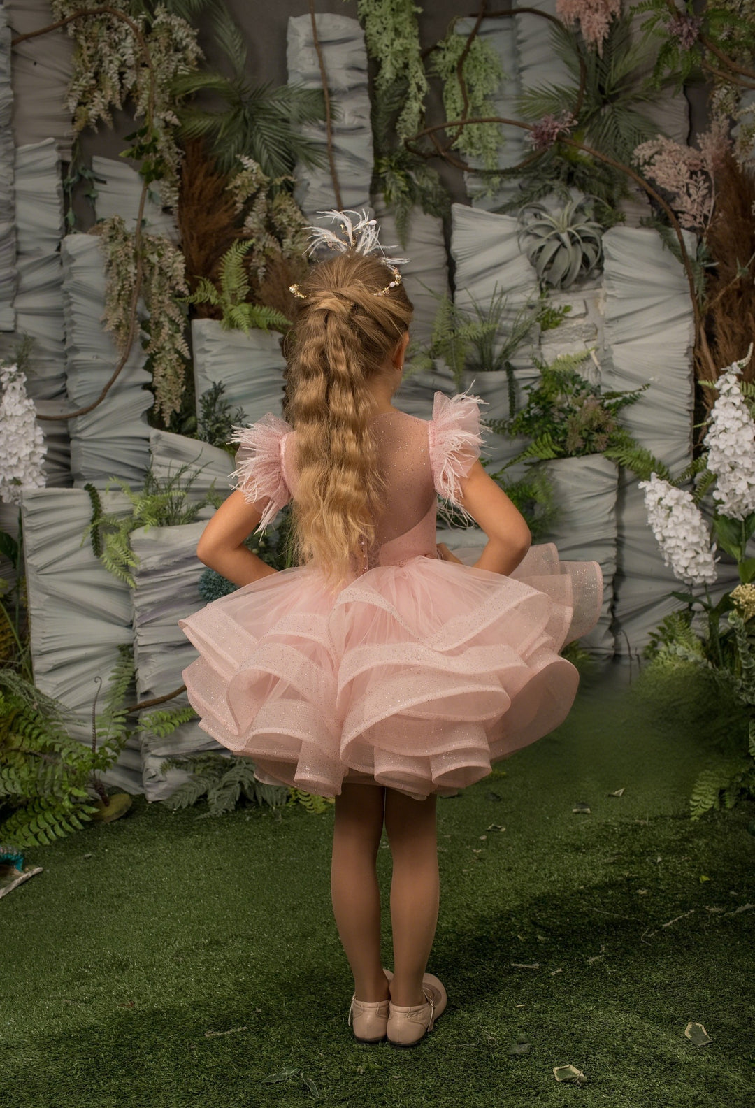 TinyTulle Blush Pink Tulle Flower Girl Dress with 3D Floral Appliqué &amp; Layered Ruffle Skirt