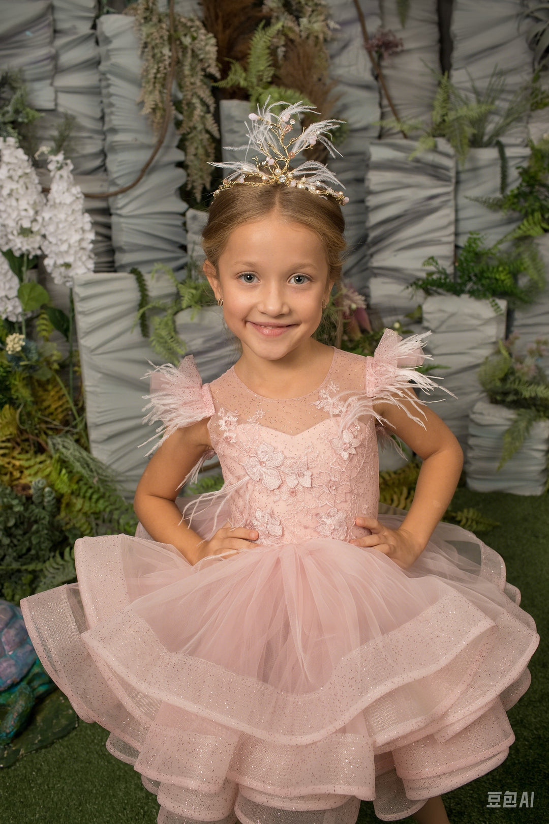 TinyTulle Blush Pink Tulle Flower Girl Dress with 3D Floral Appliqué &amp; Layered Ruffle Skirt