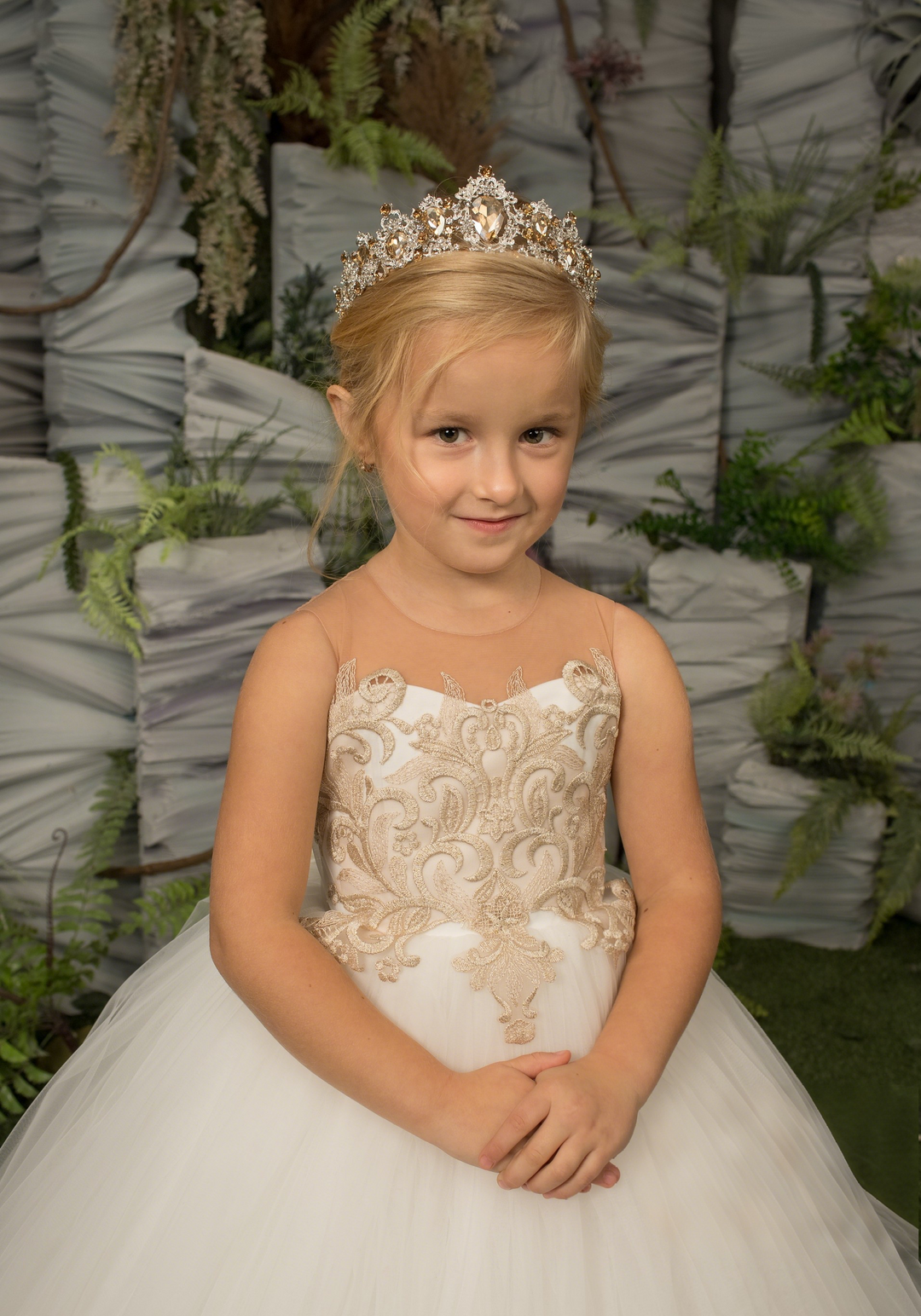 TinyTulle Ivory &amp; Gold Lace Tulle Flower Girl Dress for Special Occasions