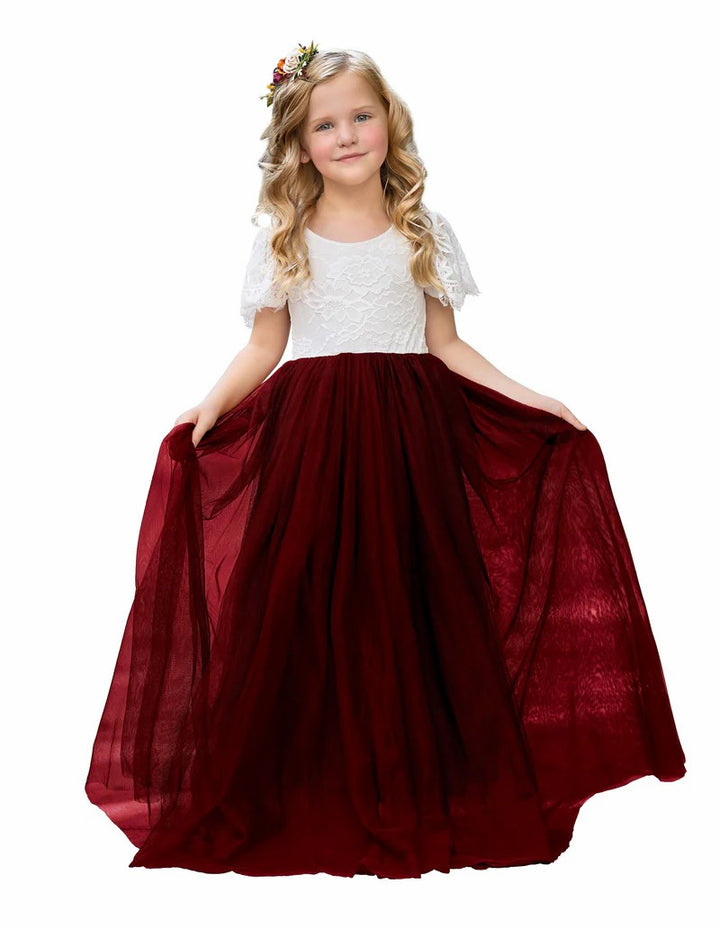 TinyTulle Elegant White Lace A-Line Long Tulle Flower Girl Dress