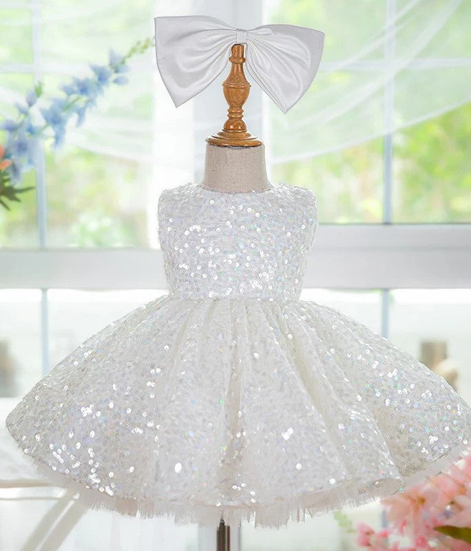 TinyTulle White Sequin Knee-Length Flower Girl Dress with Satin Bow