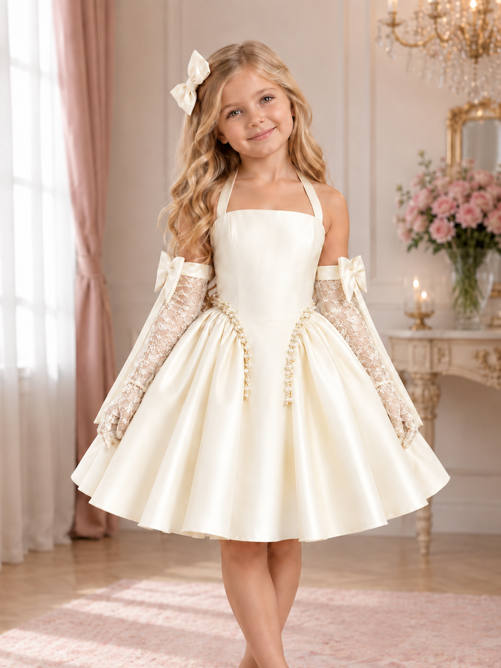 TinyTulle Pink Satin Flower Girl Dress with Lace Gloves, Pearl Trim &amp; Bow Details
