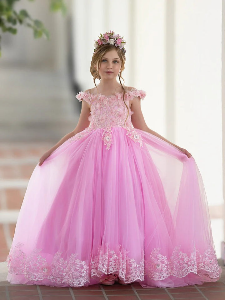 TinyTulle Romantic Pink Sweetheart Tulle Princess Dress with Floral Lace Appliqués