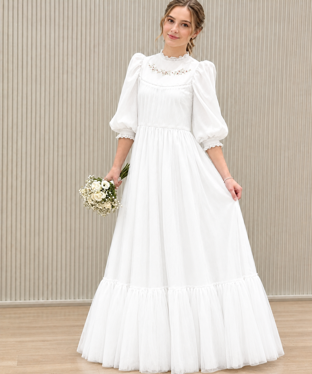 TinyTulle Ivory Floral Embroidered Tiered Tulle Flower Girl Dress with Long Puff Sleeves