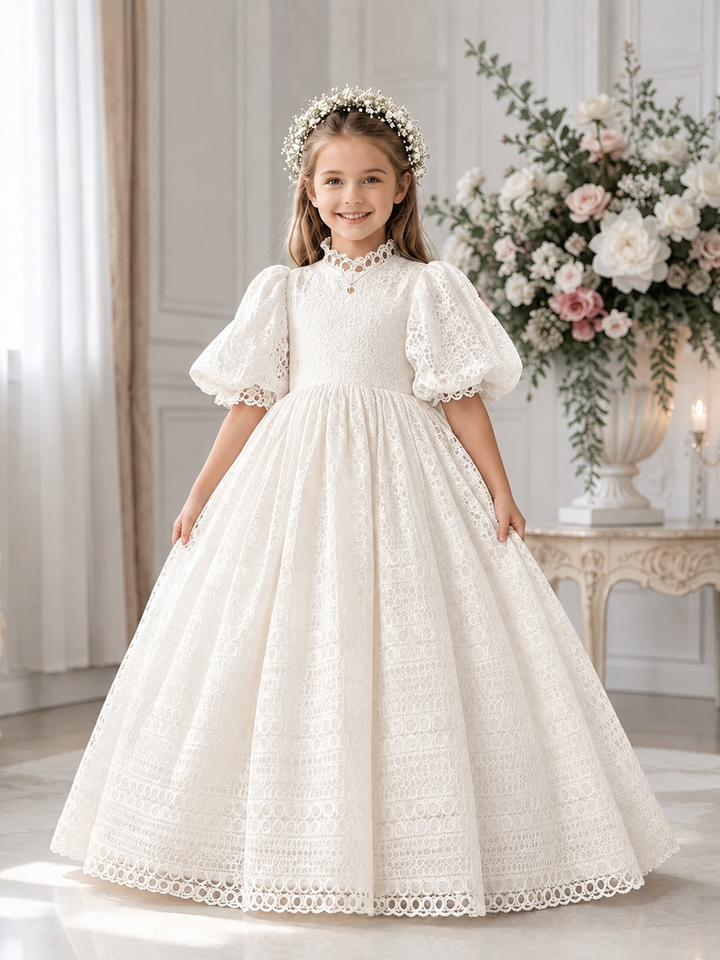 TinyTulle Vintage White High Waist Lace Puff Sleeve Ball Gown Flower Girl Dress