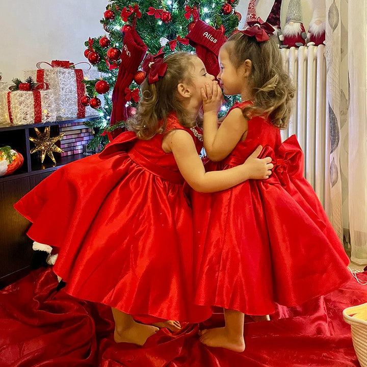 TinyTulle Red Satin A-Line Flower Girl Dress Birthday Dress with Bow &amp; Beaded Detail