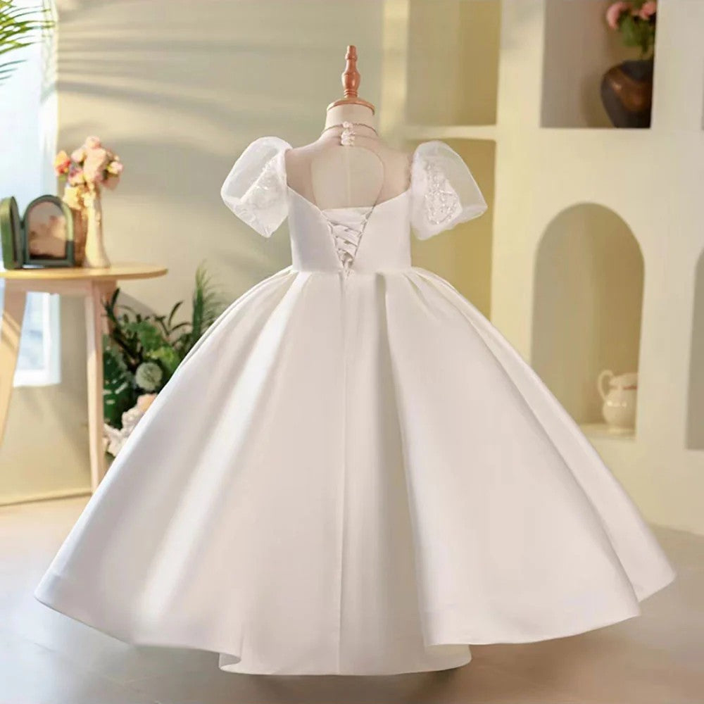 TinyTulle White Satin Puff Sleeve Flower Girl Gown with Beaded Appliqué