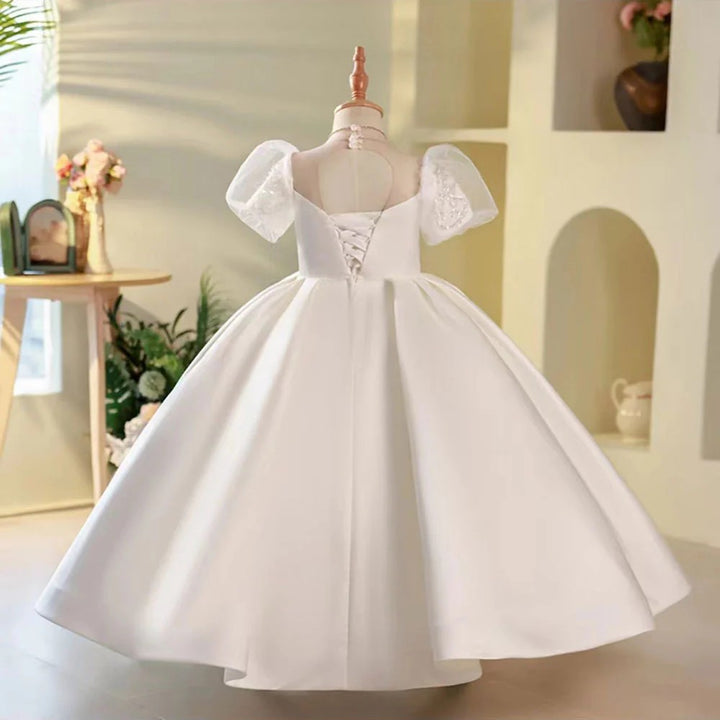 TinyTulle White Satin Puff Sleeve Flower Girl Gown with Beaded Appliqué