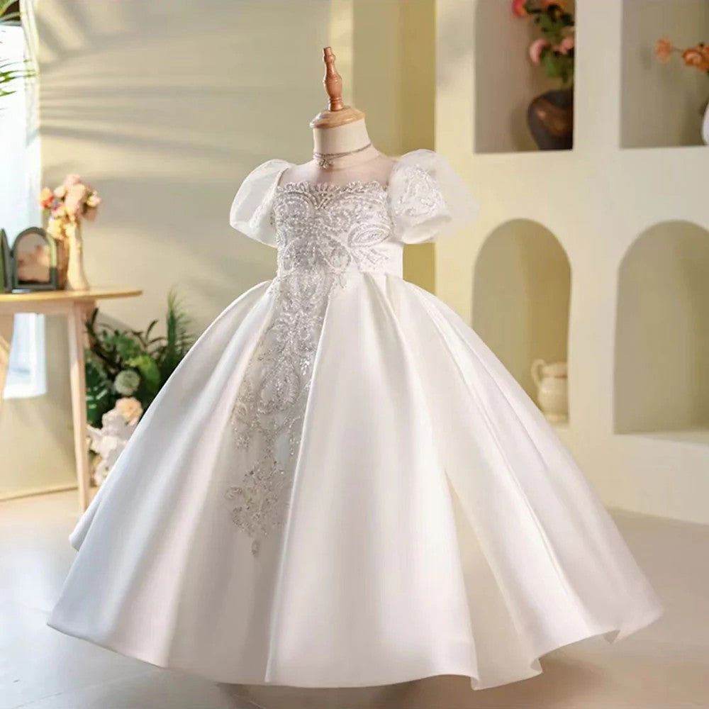 TinyTulle White Satin Puff Sleeve Flower Girl Gown with Beaded Appliqué