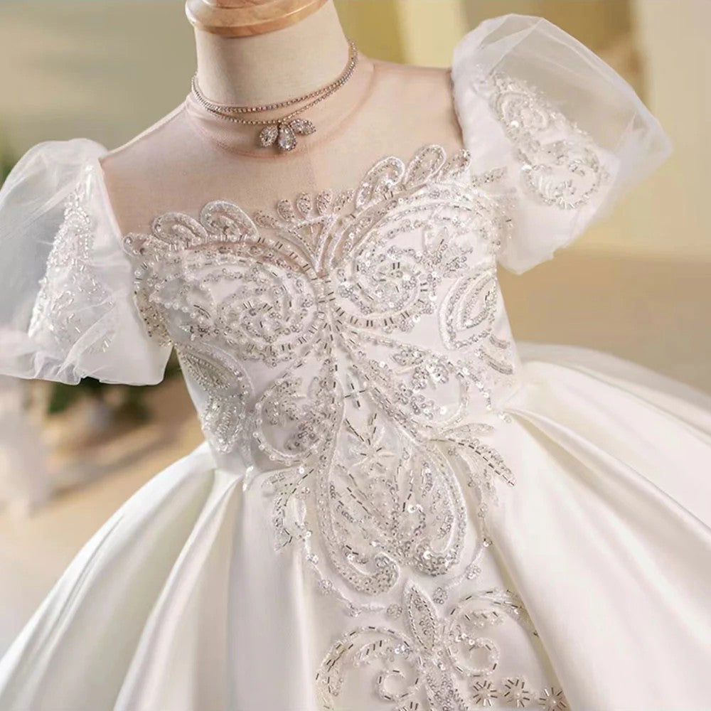 TinyTulle White Satin Puff Sleeve Flower Girl Gown with Beaded Appliqué