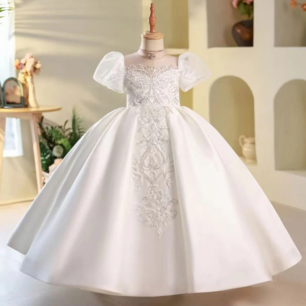 TinyTulle White Satin Puff Sleeve Flower Girl Gown with Beaded Appliqué