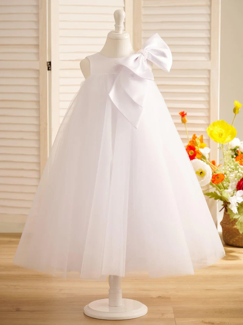 TinyTulle Elegant Pink Sleeveless A-Line Flower Girl Dress with Oversized Satin Bow