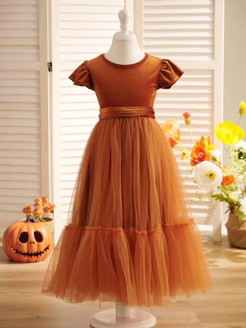 TinyTulle Velvet Tulle A-Line Flower Girl Dress with Flutter Sleeves for First Communion