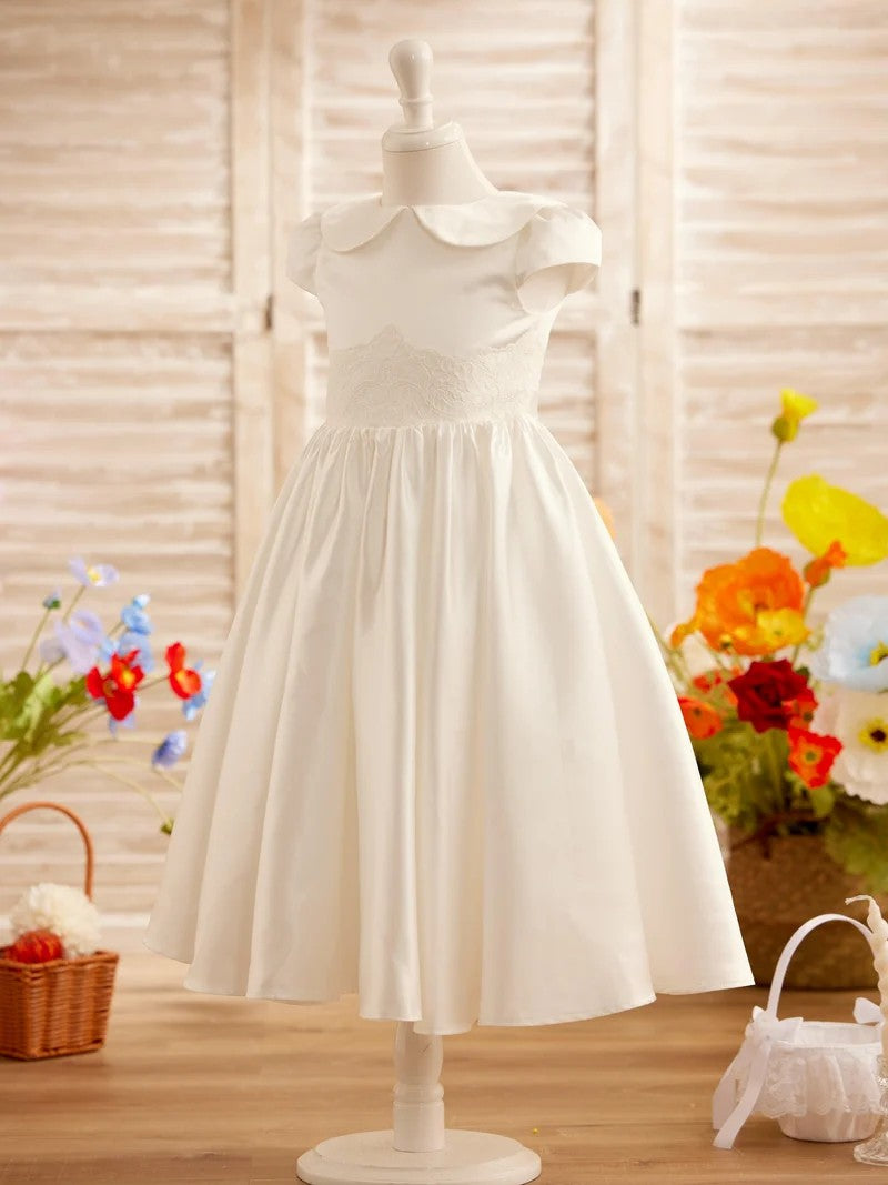 TinyTulle Ivory Satin A-Line Dress with Cap Sleeves for First Communion &amp; Flower Girls