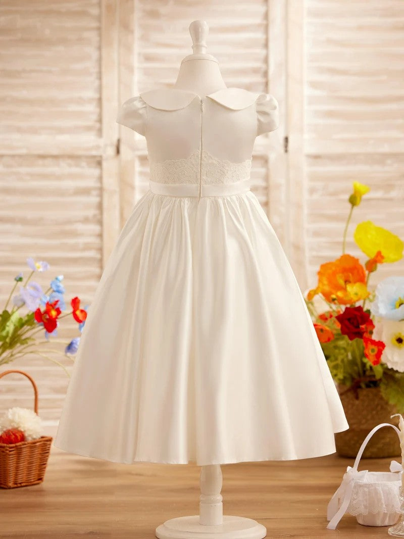 TinyTulle Ivory Satin A-Line Dress with Cap Sleeves for First Communion &amp; Flower Girls