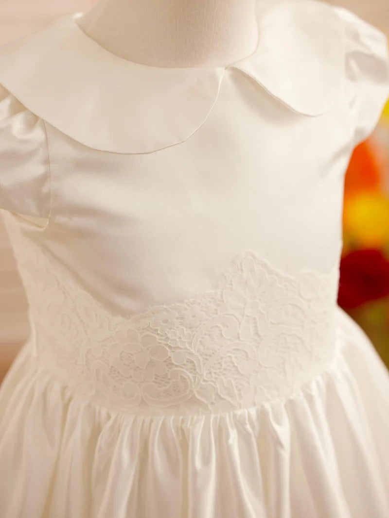 TinyTulle Ivory Satin A-Line Dress with Cap Sleeves for First Communion &amp; Flower Girls