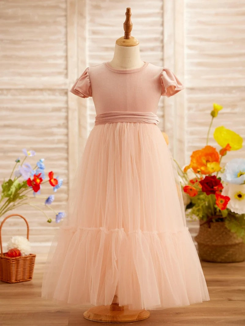 TinyTulle Velvet Tulle A-Line Flower Girl Dress with Flutter Sleeves for First Communion