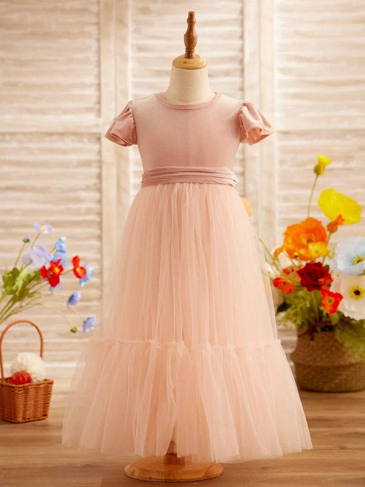TinyTulle Velvet Tulle A-Line Flower Girl Dress with Flutter Sleeves for First Communion