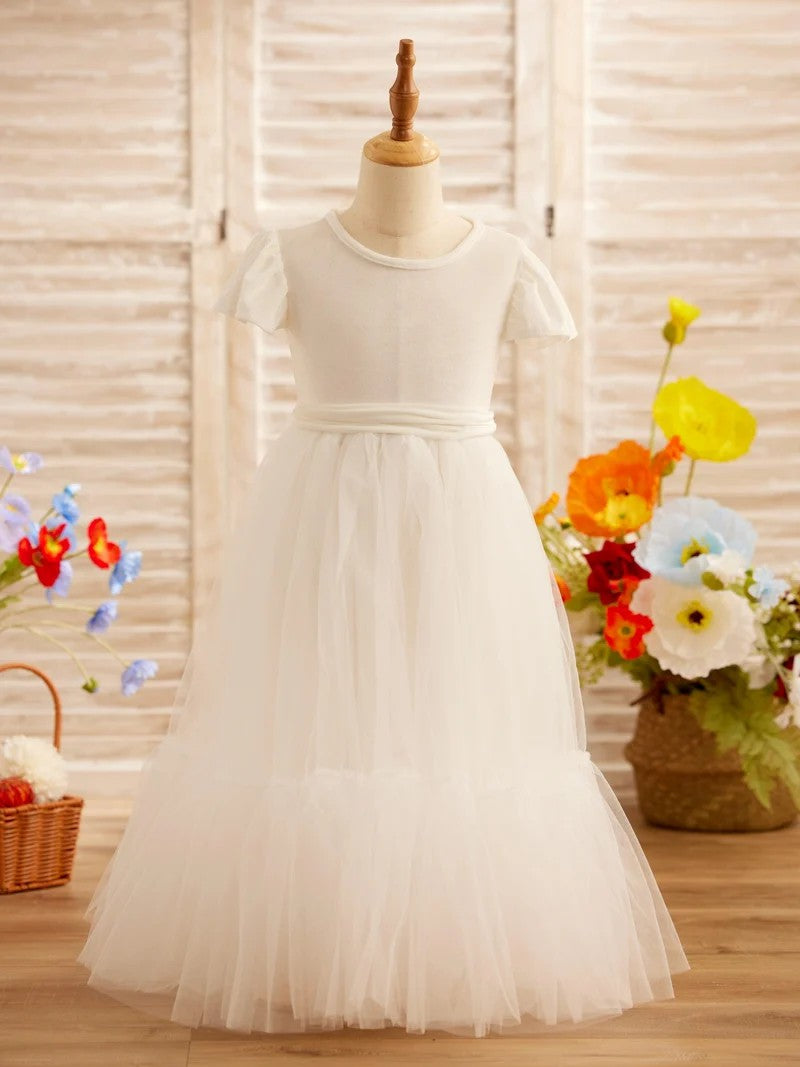 TinyTulle Velvet Tulle A-Line Flower Girl Dress with Flutter Sleeves for First Communion