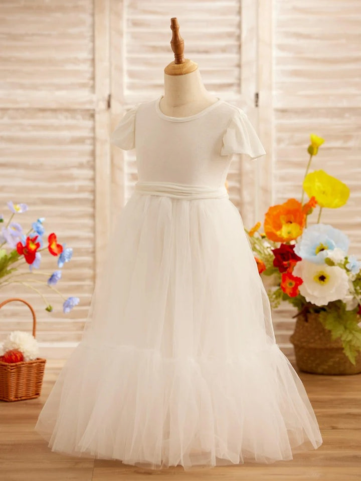 TinyTulle Velvet Tulle A-Line Flower Girl Dress with Flutter Sleeves for First Communion