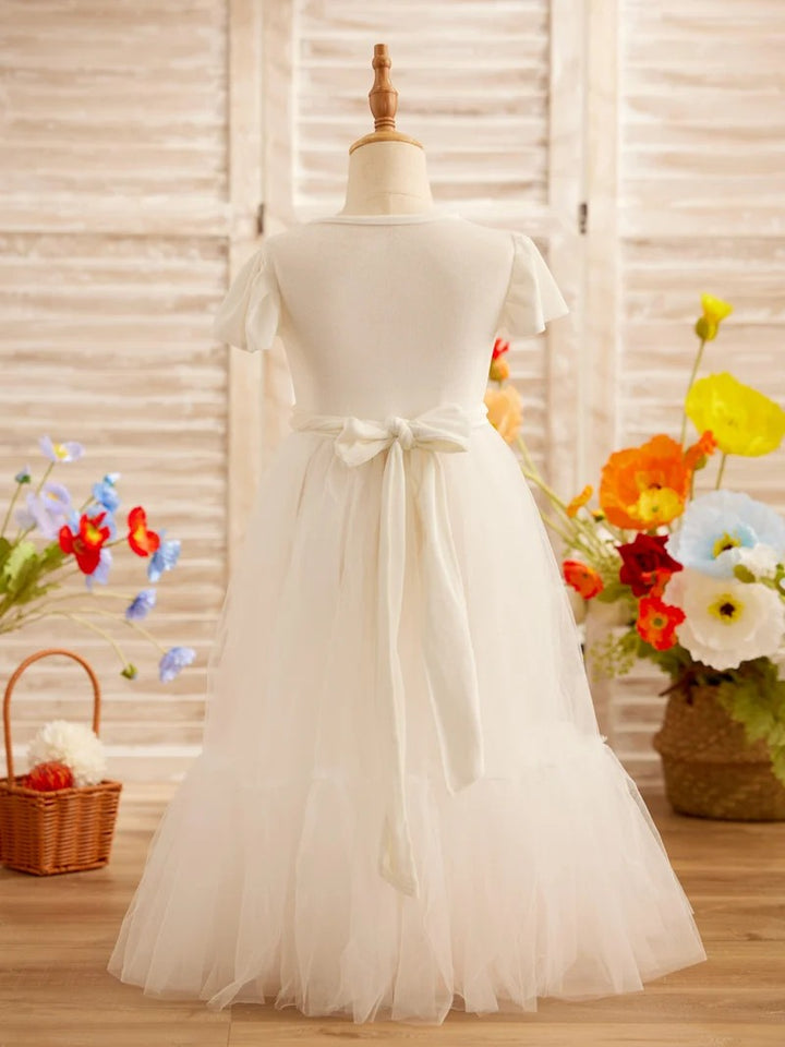 TinyTulle Velvet Tulle A-Line Flower Girl Dress with Flutter Sleeves for First Communion
