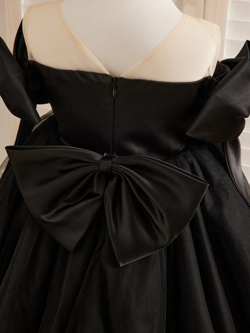 TinyTulle Black Off-Shoulder Tulle Flower Girl Dress with Bow