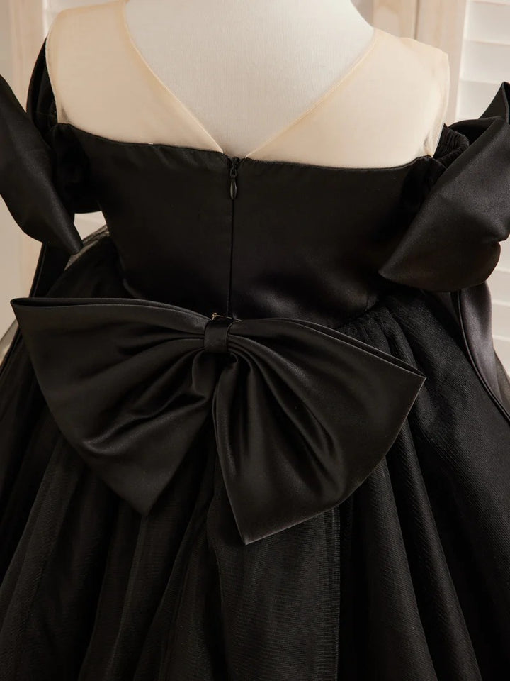 TinyTulle Black Off-Shoulder Tulle Flower Girl Dress with Bow