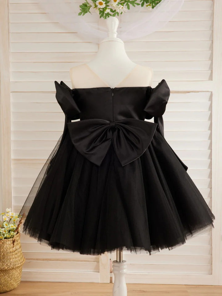 TinyTulle Black Off-Shoulder Tulle Flower Girl Dress with Bow