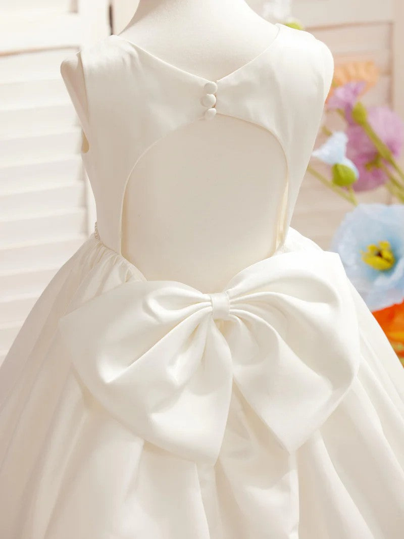 TinyTulle Elegant Satin Ball Gown Flower Girl Dress with Jeweled Belt and Bow
