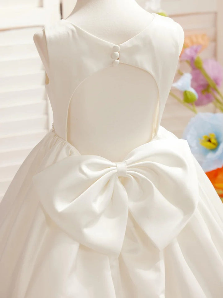 TinyTulle Elegant Satin Ball Gown Flower Girl Dress with Jeweled Belt and Bow
