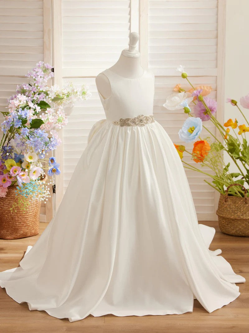 TinyTulle Elegant Satin Ball Gown Flower Girl Dress with Jeweled Belt and Bow