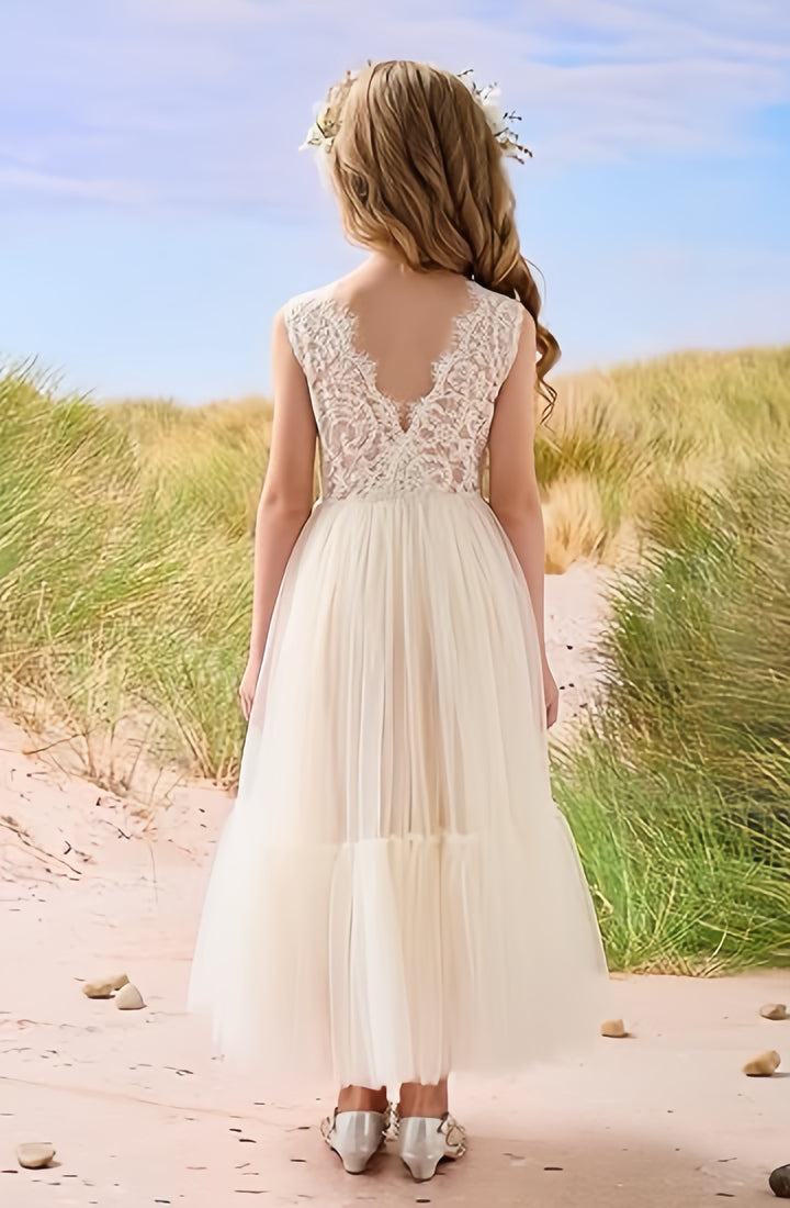TinyTulle Elegant Lace Sleeveless Tulle Flower Girl Dress for Weddings