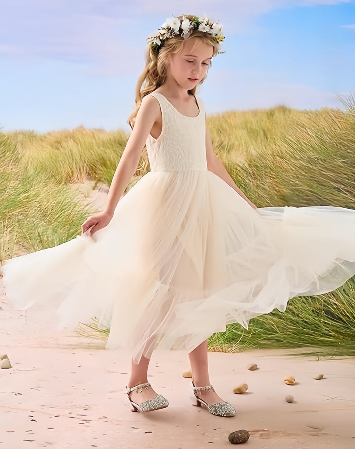 TinyTulle Elegant Lace Sleeveless Tulle Flower Girl Dress for Weddings