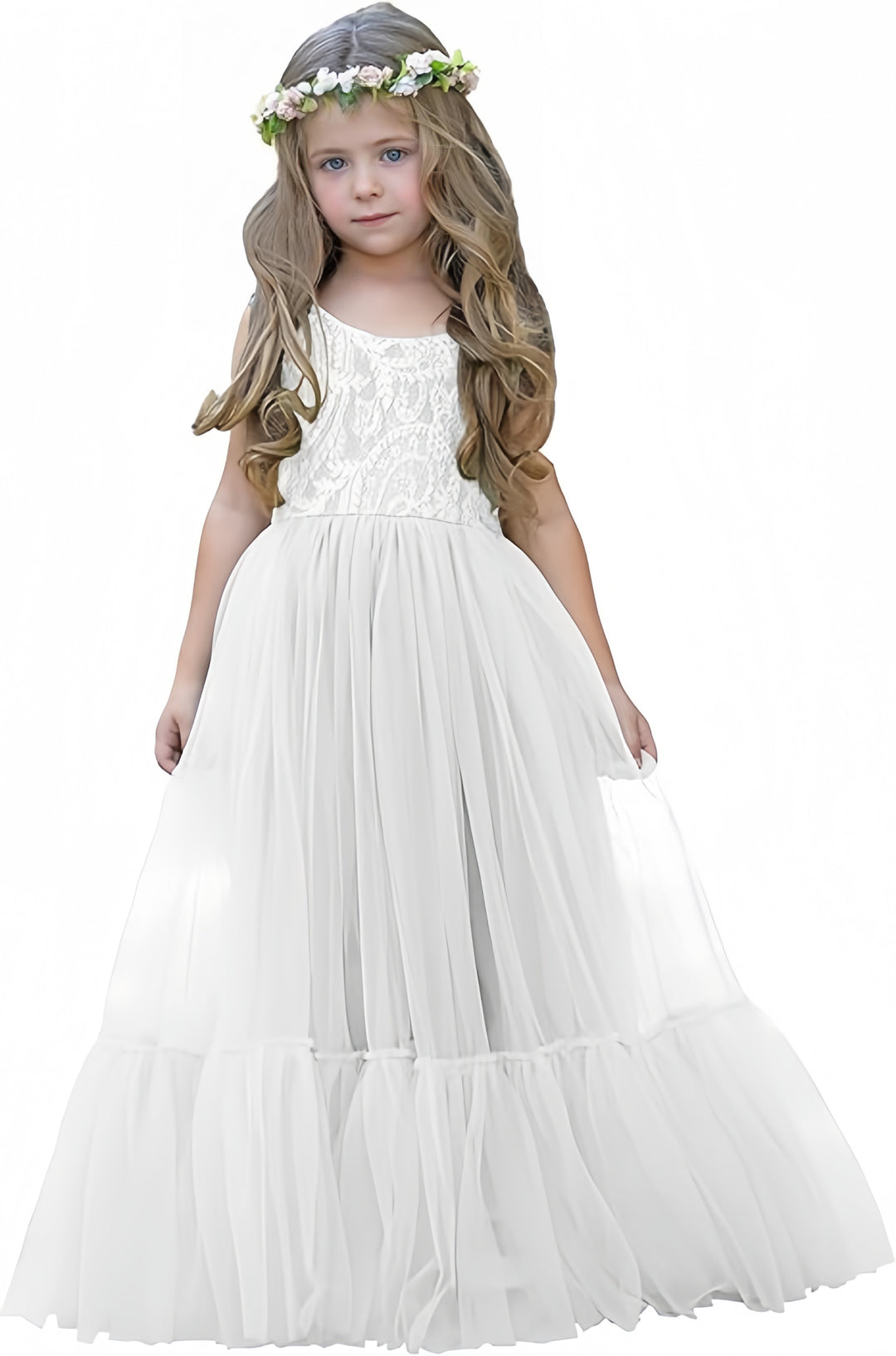 TinyTulle Elegant Lace Sleeveless Tulle Flower Girl Dress for Weddings