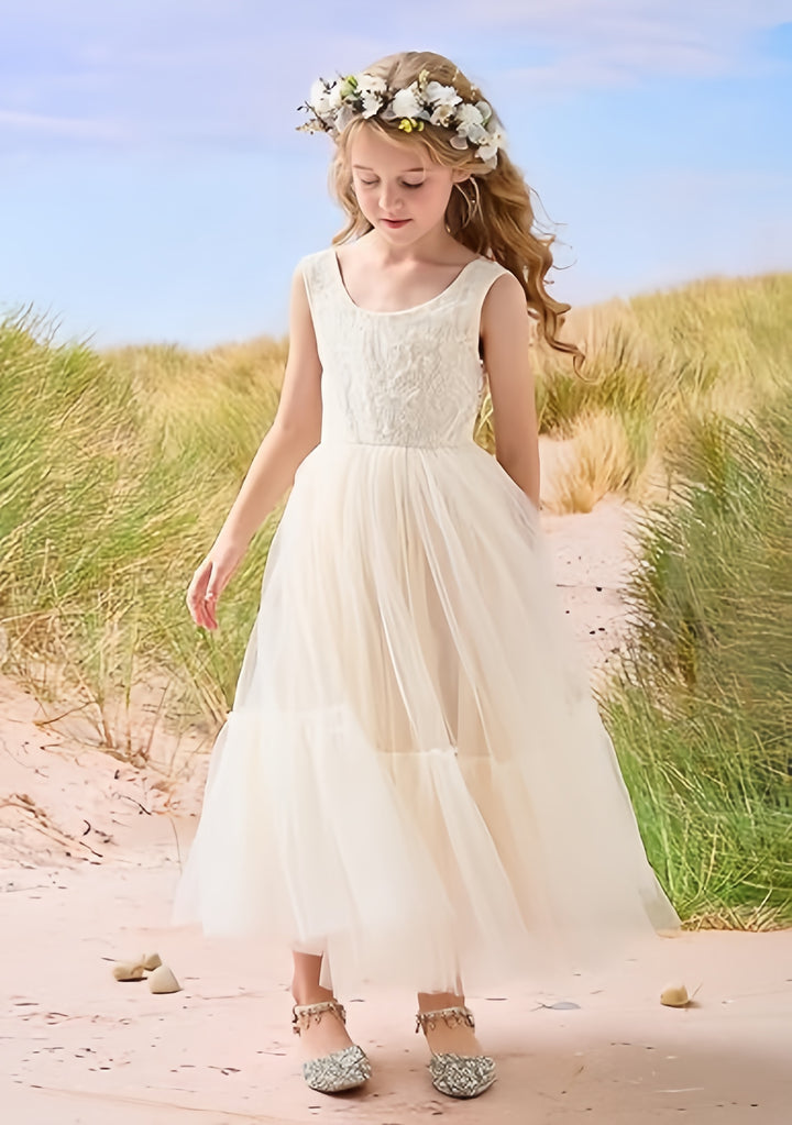 TinyTulle Elegant Lace Sleeveless Tulle Flower Girl Dress for Weddings