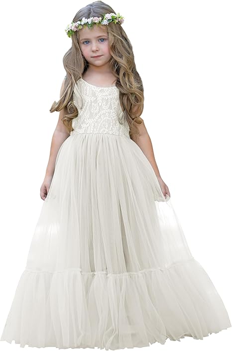 TinyTulle Elegant Lace Sleeveless Tulle Flower Girl Dress for Weddings