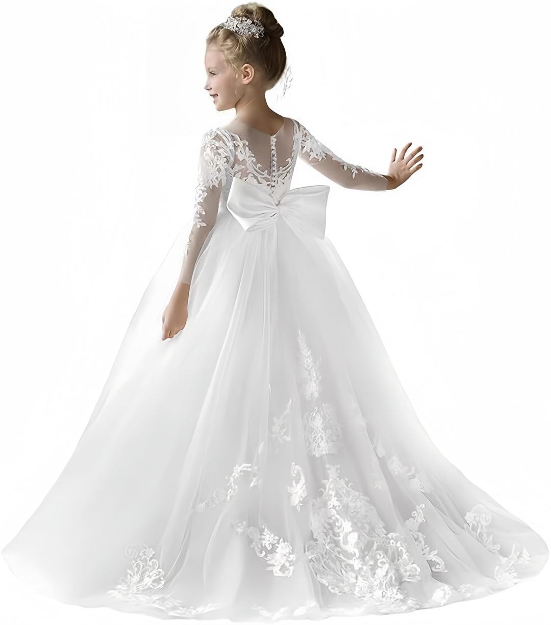 TinyTulle Elegant Lace Tulle Flower Girl Ball Gown Dress with Long Sleeves &amp; Bow Detail