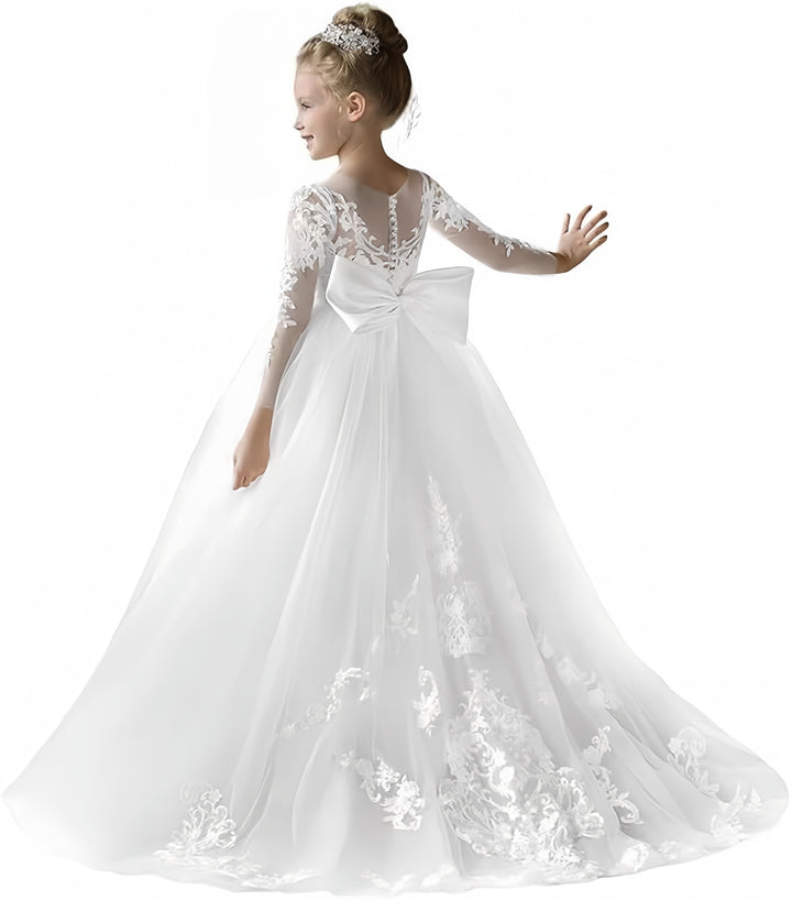 TinyTulle Elegant Lace Tulle Flower Girl Ball Gown Dress with Long Sleeves &amp; Bow Detail