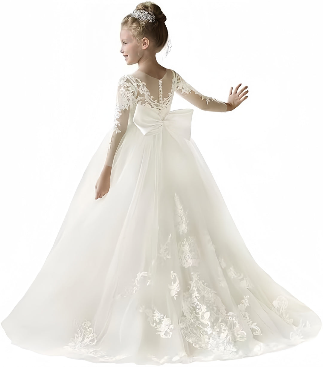 TinyTulle Elegant Lace Tulle Flower Girl Ball Gown Dress with Long Sleeves &amp; Bow Detail