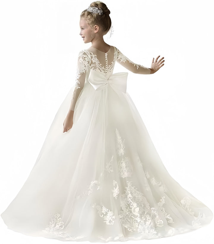TinyTulle Elegant Lace Tulle Flower Girl Ball Gown Dress with Long Sleeves &amp; Bow Detail