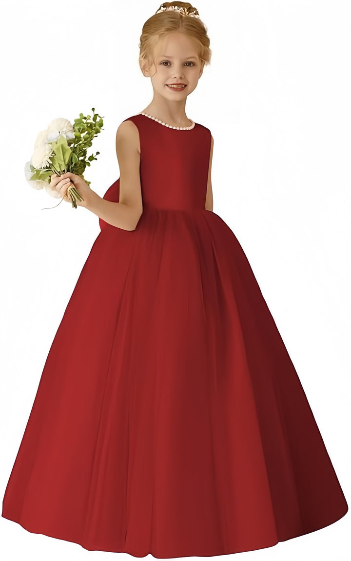 TinyTulle Elegant Sleeveless Tulle Floor-Length Flower Girl Dress with Pearls &amp; Satin Bow