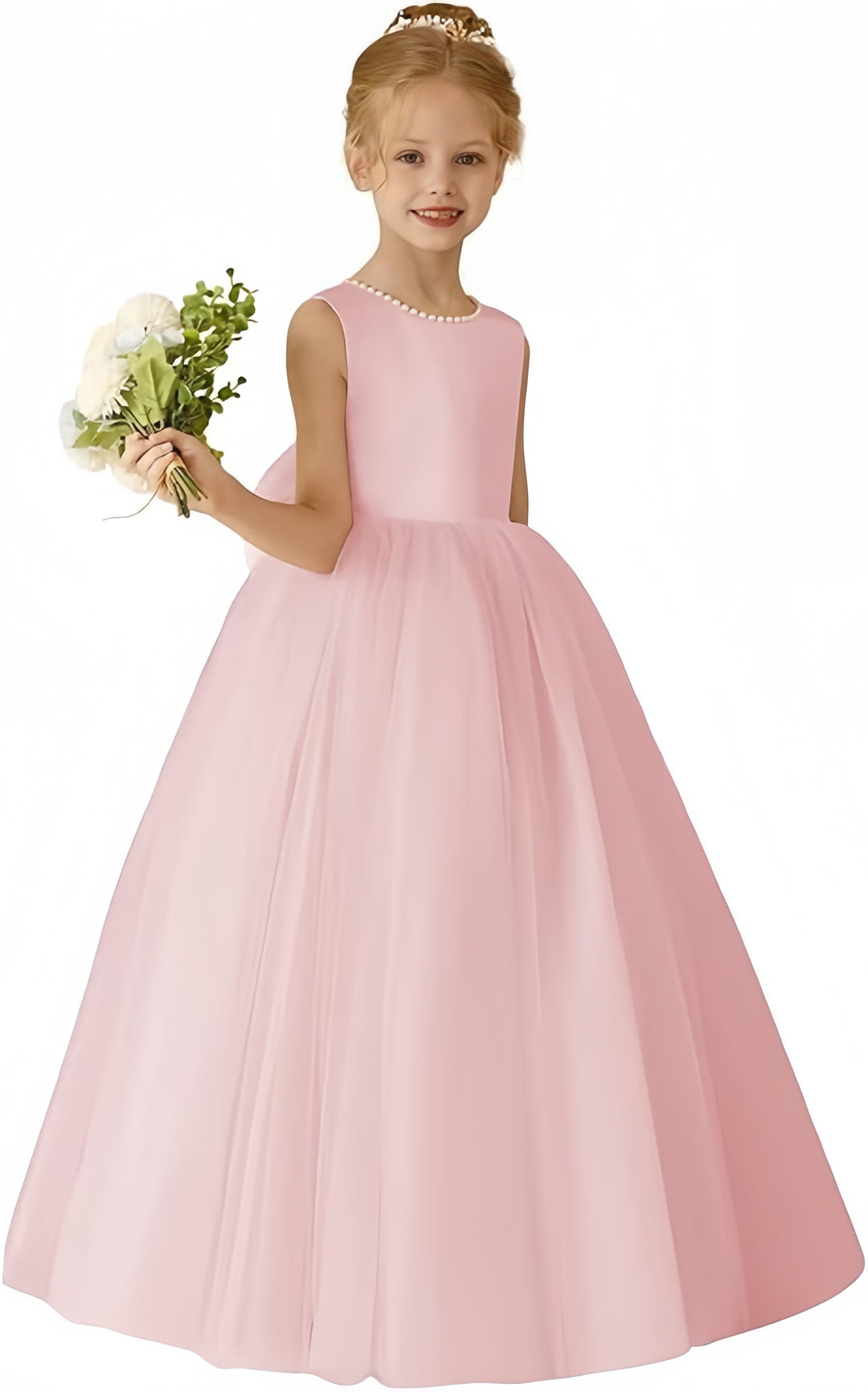 TinyTulle Elegant Sleeveless Tulle Floor-Length Flower Girl Dress with Pearls &amp; Satin Bow
