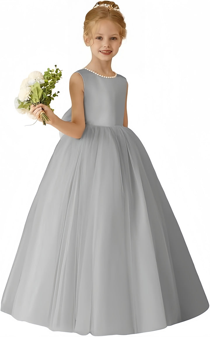TinyTulle Elegant Sleeveless Tulle Floor-Length Flower Girl Dress with Pearls &amp; Satin Bow