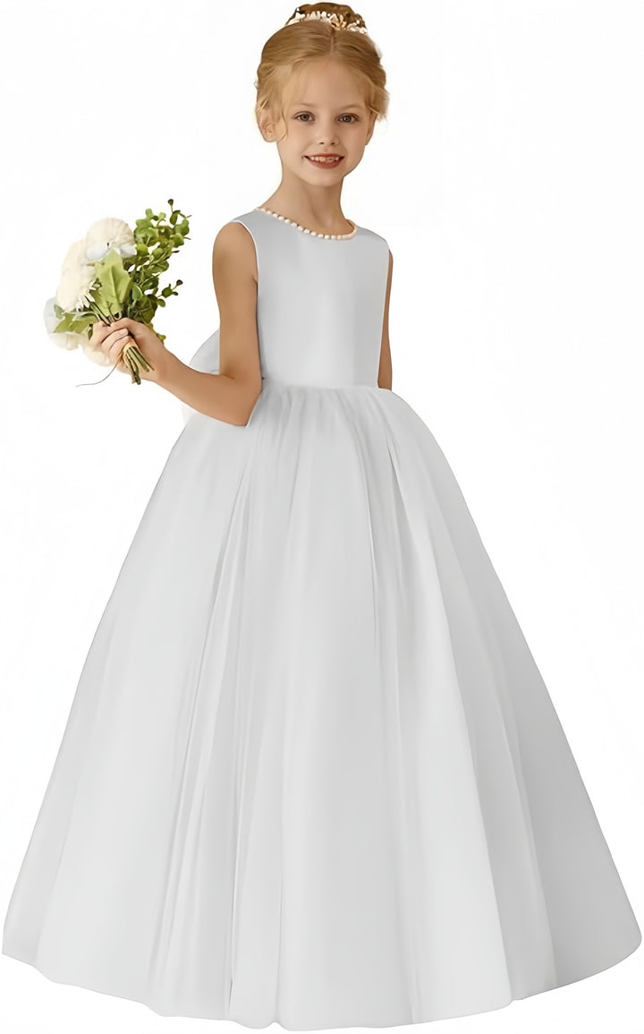 TinyTulle Elegant Sleeveless Tulle Floor-Length Flower Girl Dress with Pearls &amp; Satin Bow