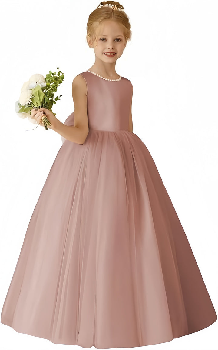 TinyTulle Elegant Sleeveless Tulle Floor-Length Flower Girl Dress with Pearls &amp; Satin Bow