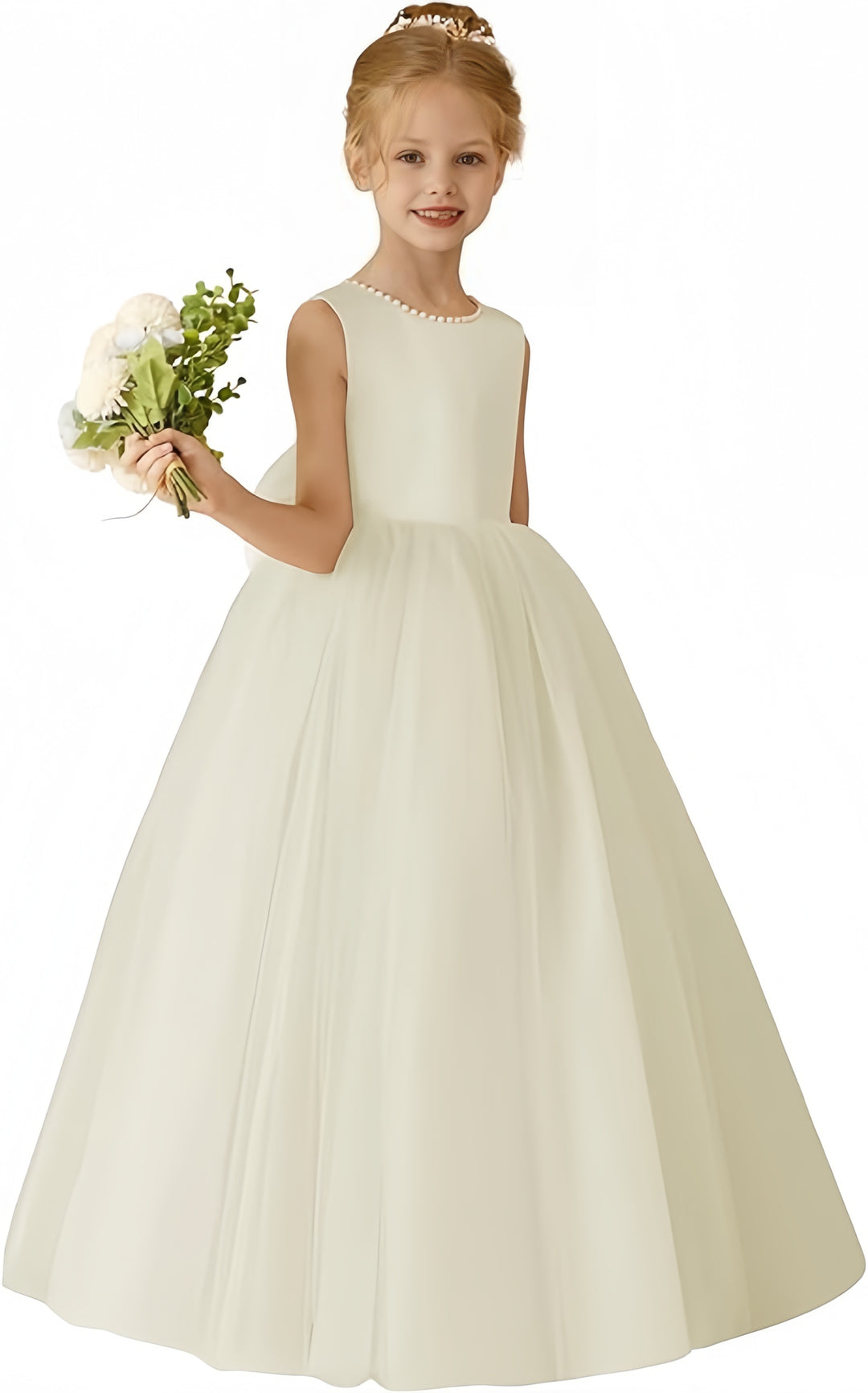 TinyTulle Elegant Sleeveless Tulle Floor-Length Flower Girl Dress with Pearls &amp; Satin Bow