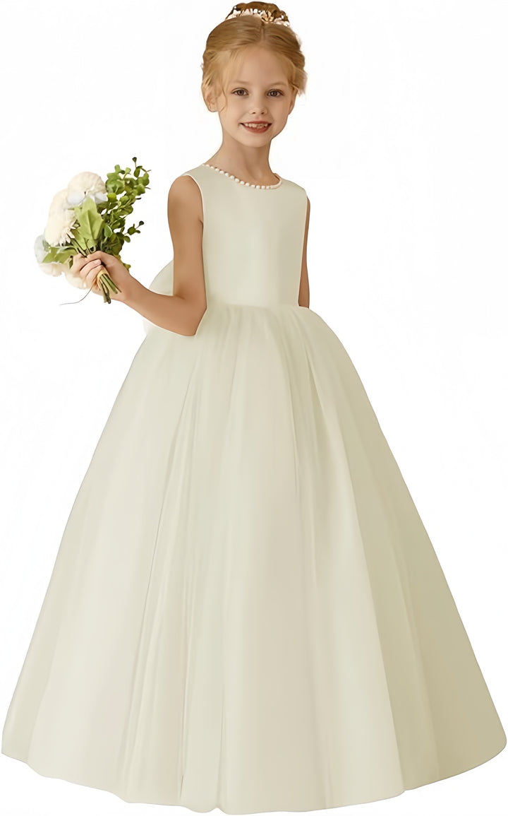 TinyTulle Elegant Sleeveless Tulle Floor-Length Flower Girl Dress with Pearls &amp; Satin Bow