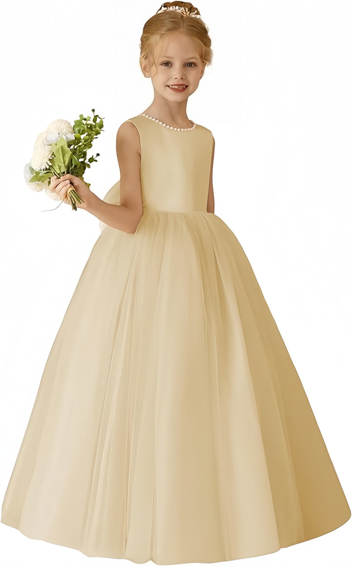TinyTulle Elegant Sleeveless Tulle Floor-Length Flower Girl Dress with Pearls &amp; Satin Bow